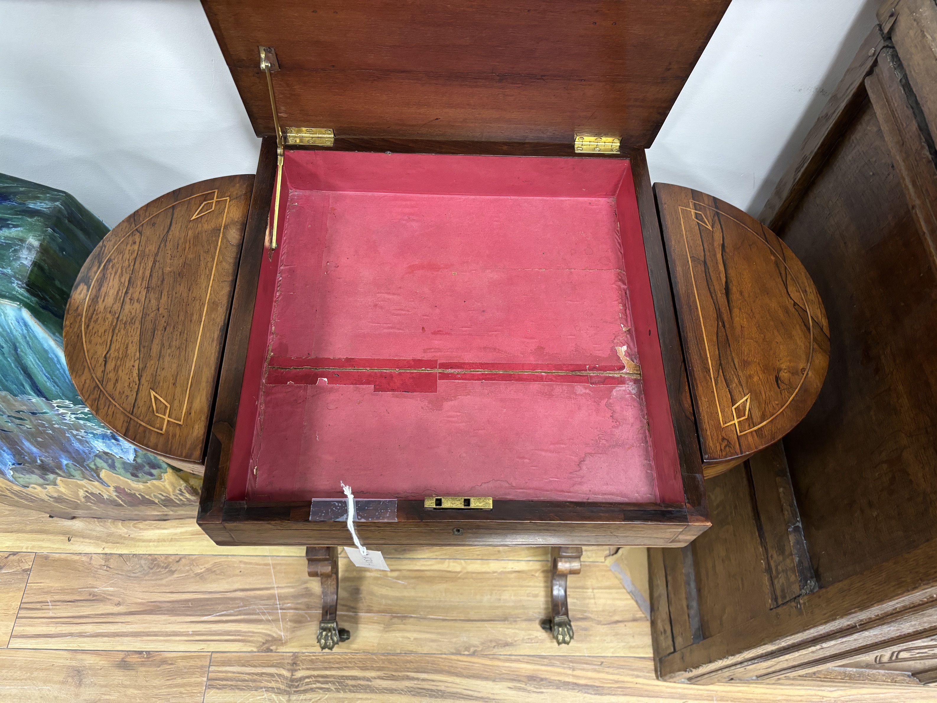 A Regency inlaid rosewood work table, width 73cm, depth 44cm, height 74cm